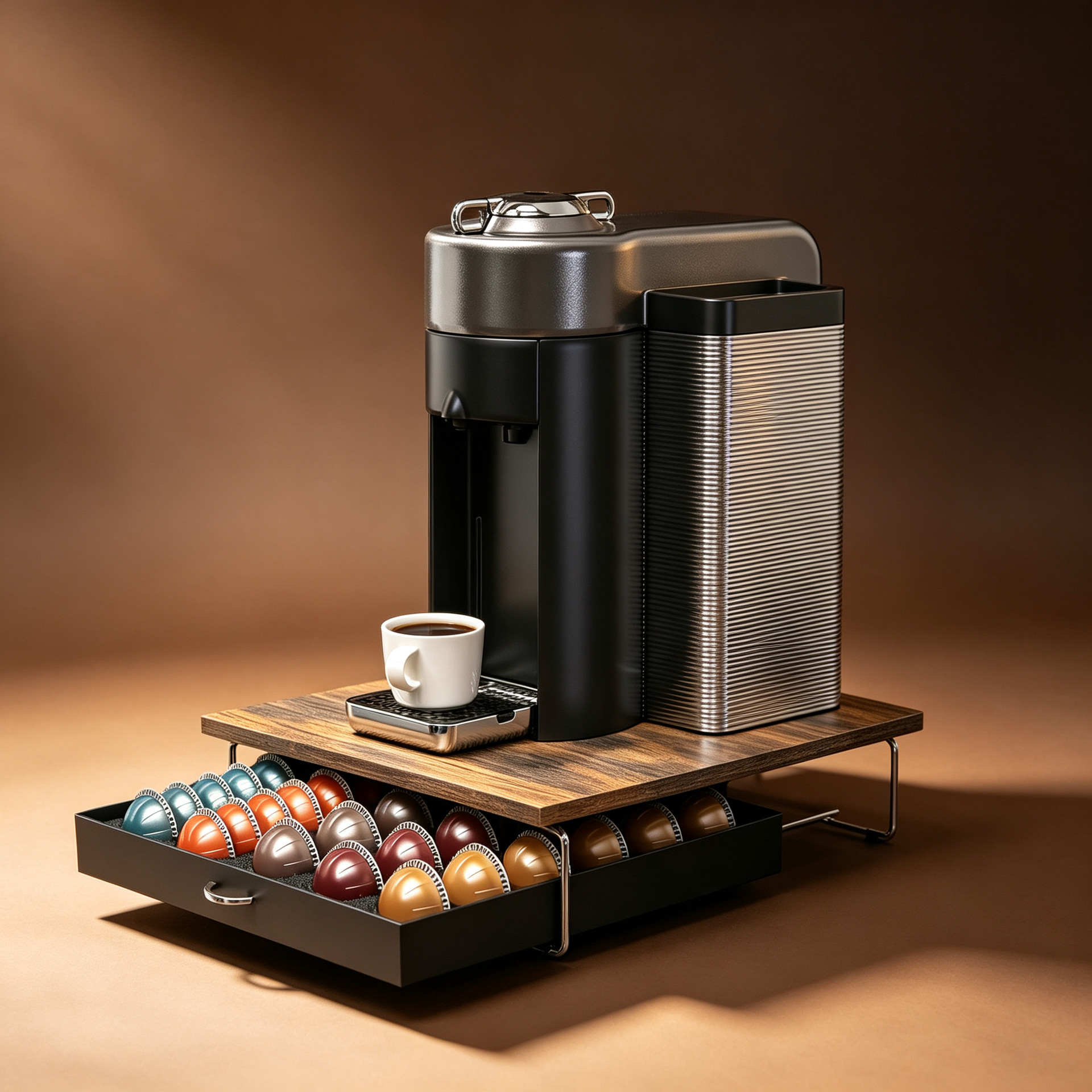 Soporte de cápsulas de café con cajón deslizante, organizador de almacenamiento de escritorio, estante de almacenamiento de escritorio, base retro, marrón