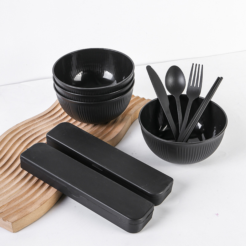 Cross-Border Amazon Wheat Straw Black Vertical Pattern Cup, Bowl, Plate, Knife, Fork and Spoon Tableware Household Rice Bowl, Dish Plate and Cup Set