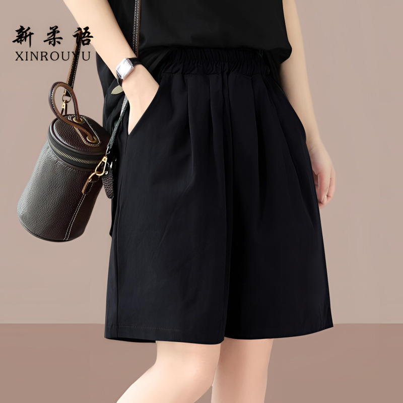 Summer 2026 New High-Waisted Pure Cotton Thin Wide-Leg Straight Casual Black Shorts for Women