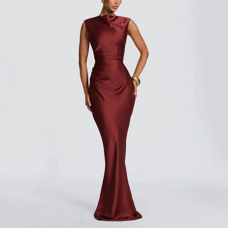 Retro Simple and Elegant Style Half-High Collar Asymmetrical Draped Sleeveless Slim Fit Fishtail Long Dress Elegant Gown for Women