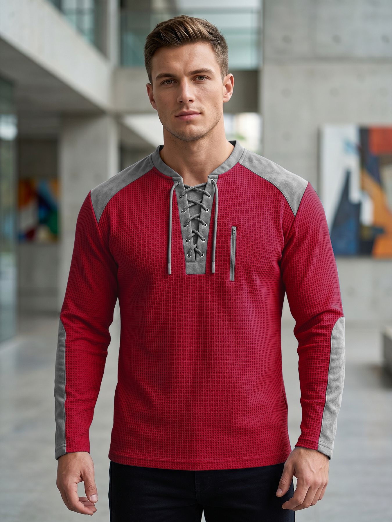 Europa y Estados Unidos transfronterizos hombres primavera y otoño correa chaqueta de color waffle manga larga ocio comercio exterior deporte chaqueta transpirable