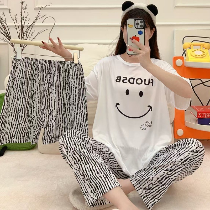 Pijamas de verano transfronterizos pijamas de leche de seda de tres piezas set de dibujos animados comercio exterior ropa para el hogar pantalones de mangas cortas lindos