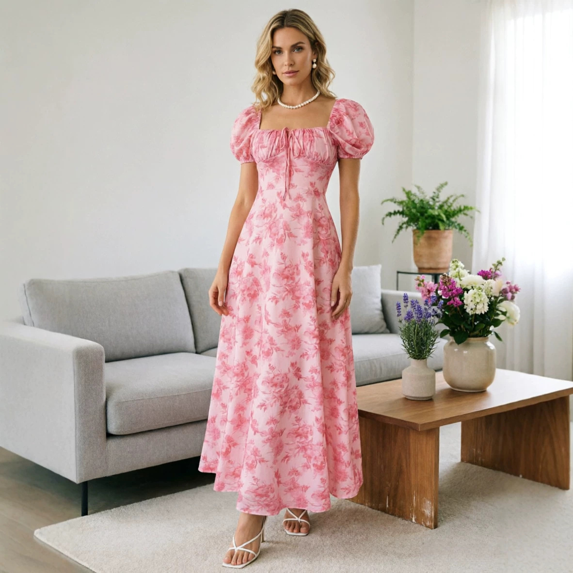 Women's Floral Print Short Sleeve Bodycon Flared Maxi Dress – Slim Fit Casual Summer Gown_ecoleips.com