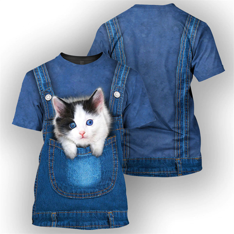 Cute Animal Cat Raccoon Gorilla 3D Digital Printing Cross-Border Men's Short-Sleeved T-Shirt Factory Direct Sales Supply