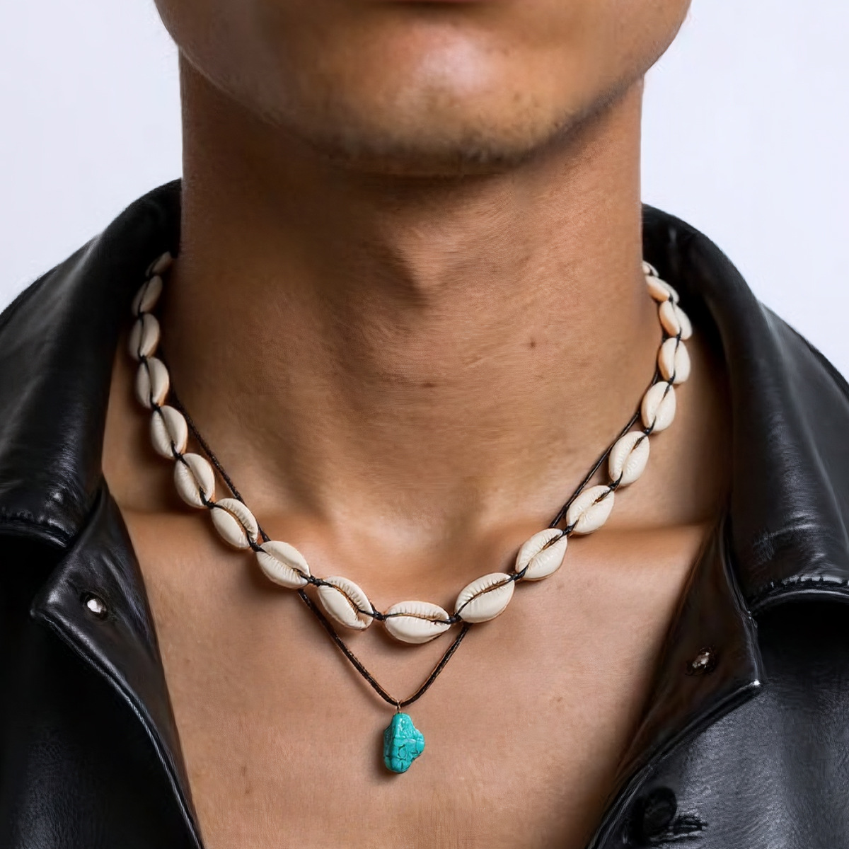 European and American Creative Shell Asymmetrical Turquoise Men's Necklace Accessories Hip-Hop Niche High-End Simple Clavicle Chain