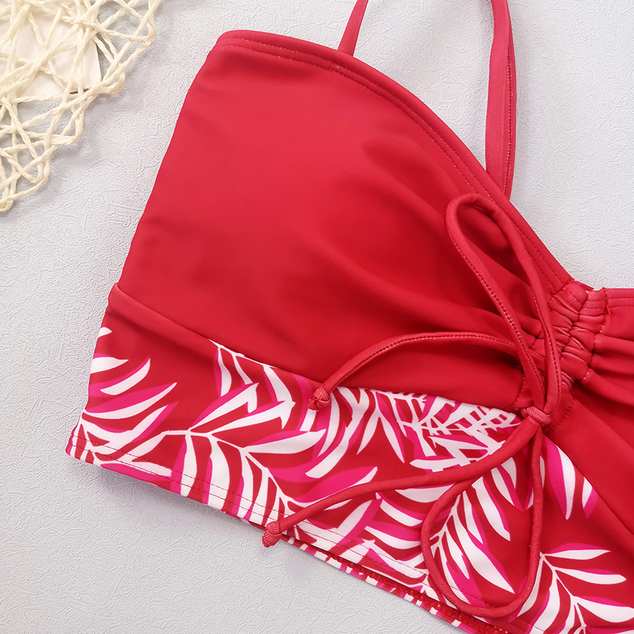 High Waist Lace up Print Swimsuit for Women Split Boxer Style Solid Color Splicing Design European American Foreign Trade 2024 Large Size_ecoleips.com