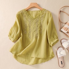 実際にレトロな刺繍の高級綿麻の上着の女性の夏のvネックは欧根紗のtシャツのシャツの中国風のシャツをつづり合わせます。