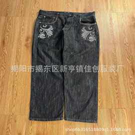 2024夏季新款厂家直销黑色印花直筒休闲牛仔裤高街复古休闲潮百搭