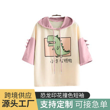 日系森女薄宽松慵懒风ins潮恐龙连帽短袖长袖款T恤女0069