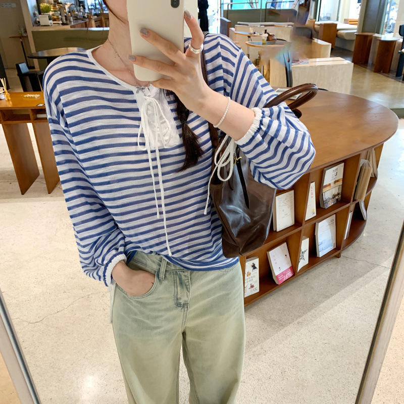 早秋高级感抽绳系带条纹长袖针织衫女2025新款宽松显瘦气质上衣|undefined