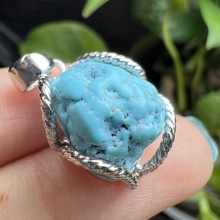Natural Turquoise Raw Ore Pendant, S925 Silver Inlaid