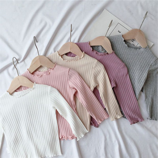 Spring and Autumn Women's Children's Wear Base Shirt Baby's Western Style Children's Distinctive Trendy Korean Style Wood-ear Edge Solid Color Inner Wearing Top