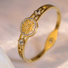 跨境欧美电镀手饰女式批发女高级感不掉色饰品金色生命树钛钢手镯