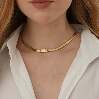 欧美时尚定制不锈钢焊接字母扁蛇骨链高级感金色英文名刀片项链女