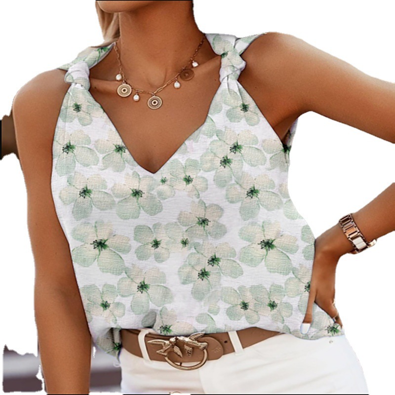 2023春夏新品女装蝴蝶结上衣时尚休闲印花小背心多色夏季必备百搭