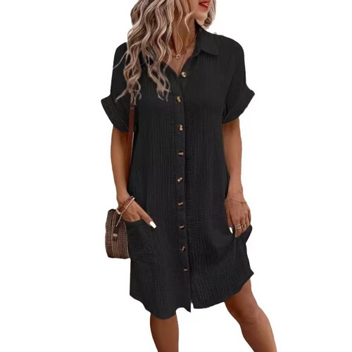 2024 Amazon European and American Cross-Border Casual Solid Color Cotton Linen Button-Up Medium-Length Short-Sleeve Loose Dress for Women