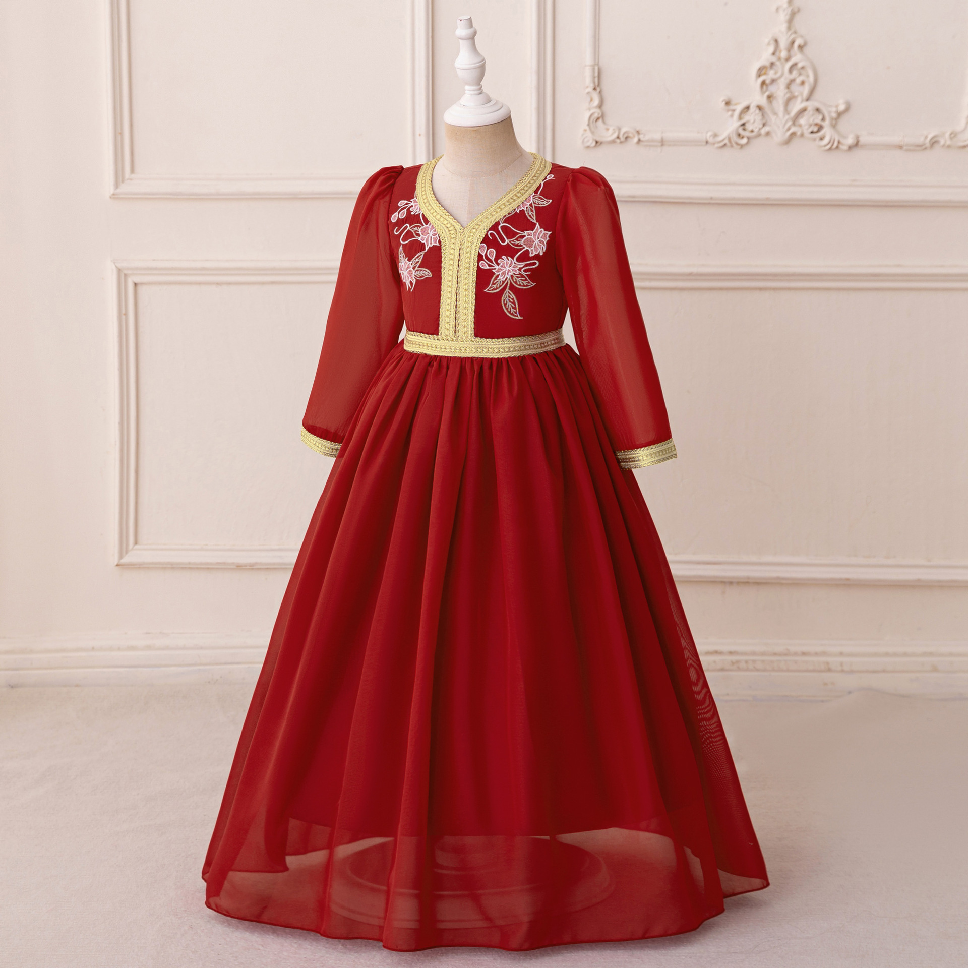 Ropa de niñas vestido de princesa vestido bordado vestido de mangas largas vestido de chiffon vestido de cumpleaños de niñas vestido de niño