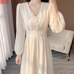 A6C2024 Spring New Gentle Style Elegant Slim Look Long Dress Vintage V-Neck Base Long Sleeve dress with Coat