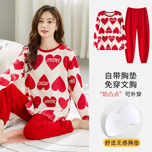 Pajamas with breast pads for women, autumn and winter long-sleeved trousers, cotton Korean cartoon loose, wearable home clothes set