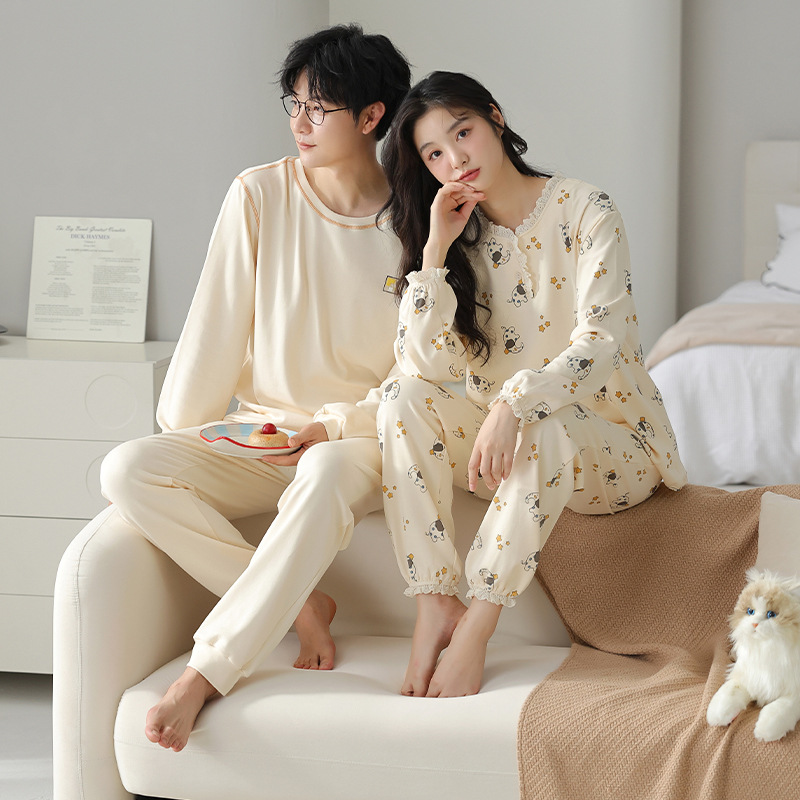 純綿パジャマ カップル用 ラウンドネック プルオーバー レディース 綿100% 秋冬 メンズ 長袖 ホームウェアセット 外出可 カジュアル
