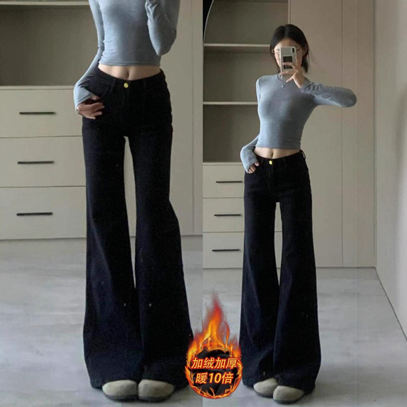 Fleece-Lined American-Style Black Flared Jeans for Women, Autumn and Winter New High-Waisted Slimming Long Pants, Stretchy Floor-Length Bell-Bottom Pants