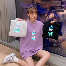 宽松反光t恤女短袖韩版2021年夏季新款蝴蝶印花体恤中长款上衣女