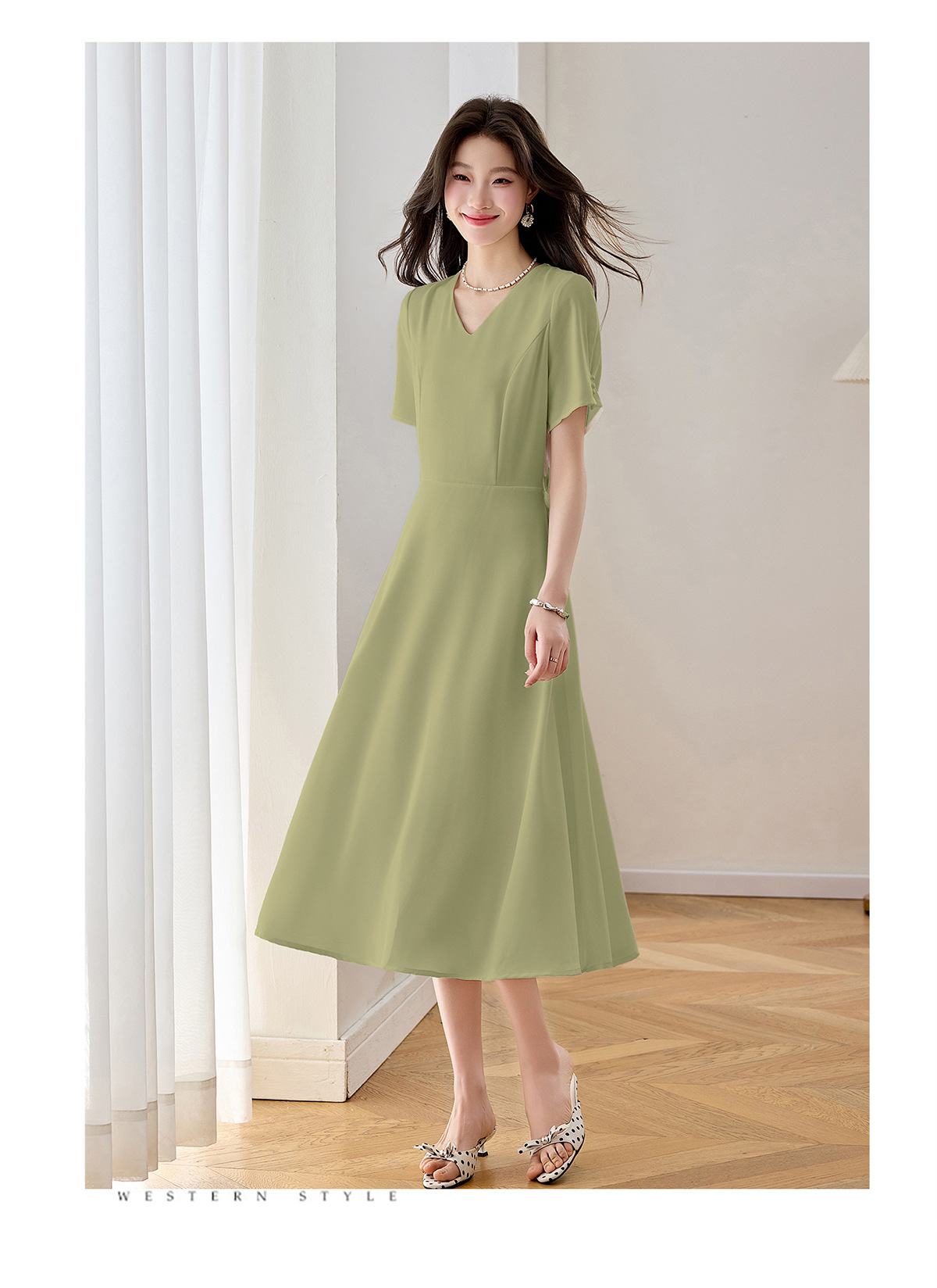 Đầm maxi nữ thắt eo cổ V dáng dài phối màu trơn — màu xanh đậm, màu tím, màu trắng chi tiết 25