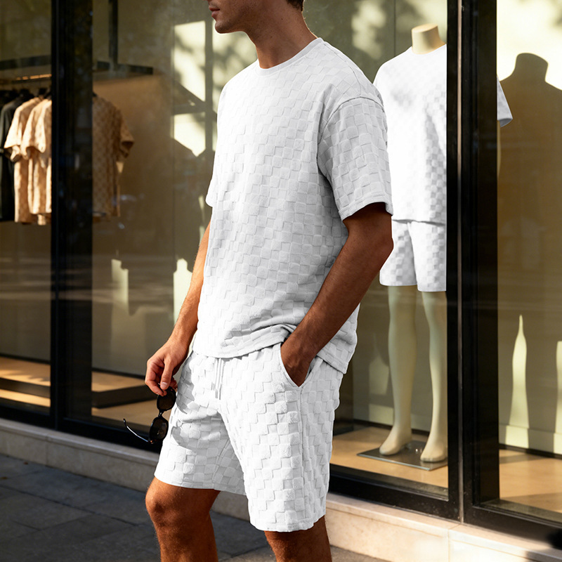 Muscle Doctor Men's Summer Jacquard Checkered Short Sleeve T-Shirt & Shorts Set, Loose Fit High Street Casual Outfit_viptrois.com