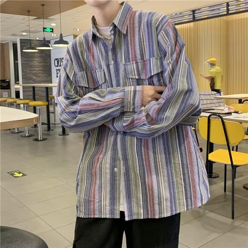 Retro striped long-sleeved shirt men's Hong Kong style rainbow color matching shirt Harajuku style trendy Ruan handsome loose casual jacket