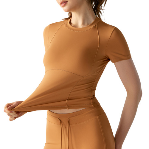 Ningbo Big Tree Sports T-Shirt Summer Waist-Close Nudity Style Women's Casual Slimming Quick-Dry Yoga Top Short Sleeve