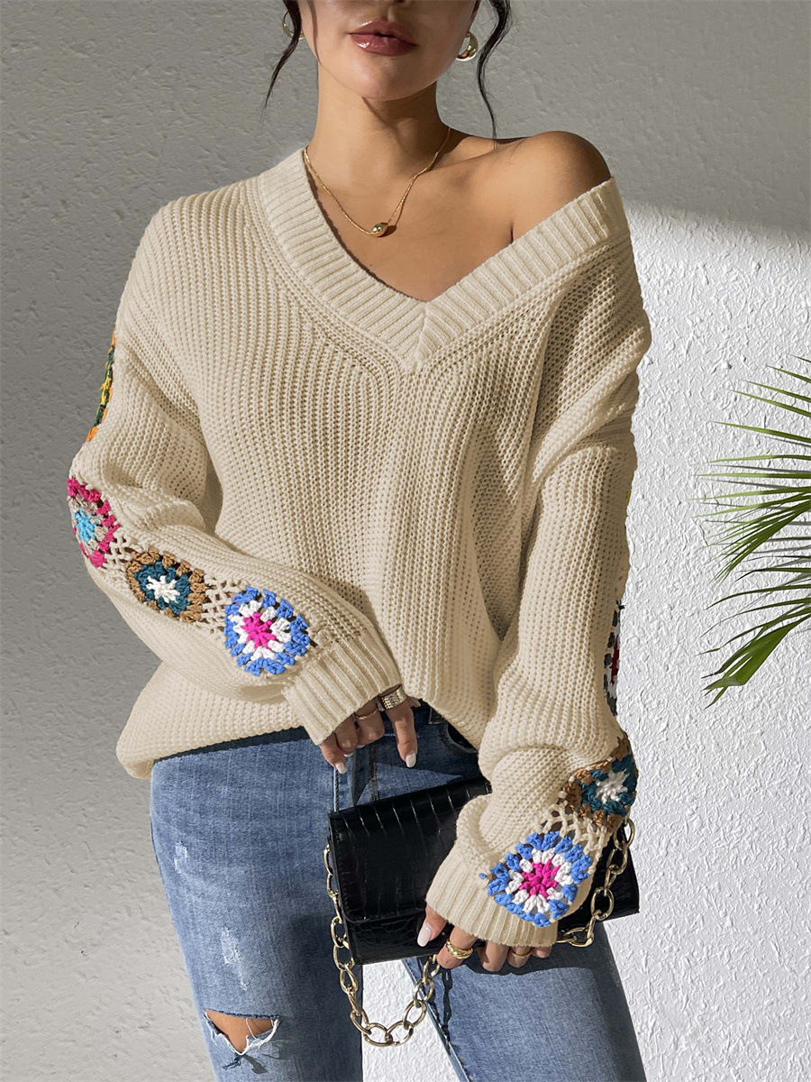 Suéter de otoño y invierno nuevo estilo de ropa de mujer europea y americana suéter de gancho de mano flor empalme suéter de cuello en V Amazon explosión