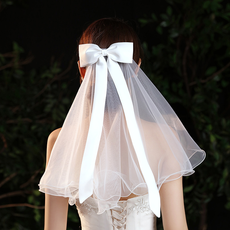 Korean-style bridal new edge-stitched satin fabric short, ultra-fairy-like travel-photography bow head veil for marriage registration and photo shoots&mdash;perfect for wearing over loose hair.
