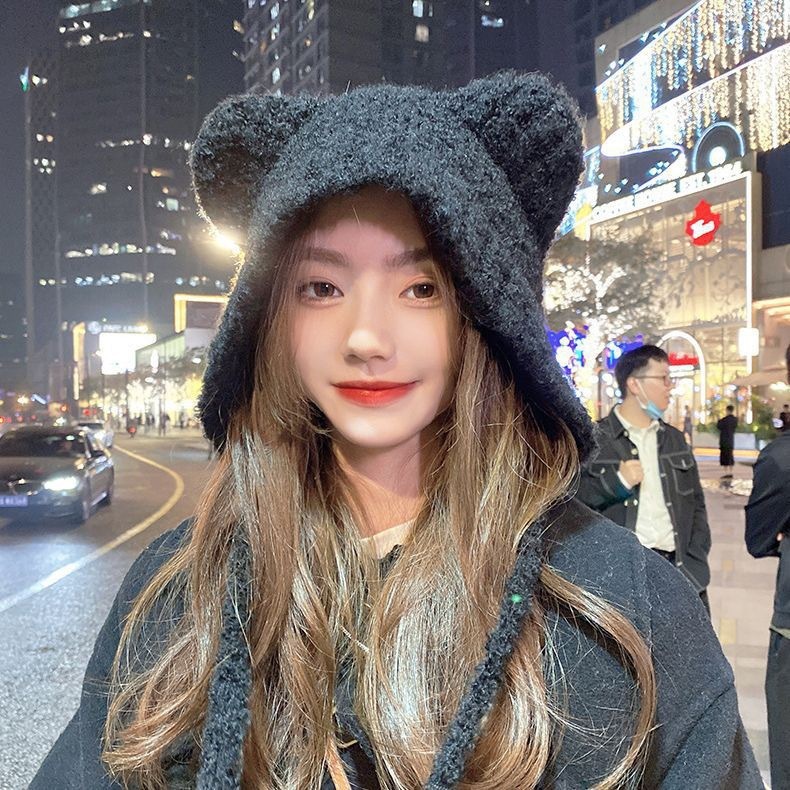 可爱小熊耳朵毛绒帽女冬季百搭显脸小保暖护耳帽大头围针织针织帽|undefined