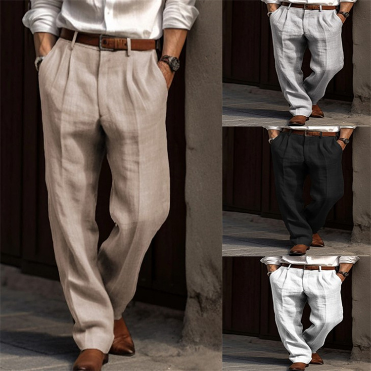 New Men's Linen Trousers Double Pleated Front Pocket Straight Solid Color Comfortable Breathable Casual Daily Vacation Cotton Blend Fashion
