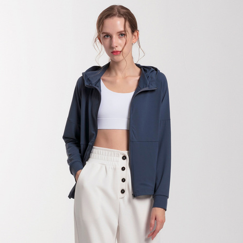Casual sport jacket, loose zipper pullover, stylish hooded fitness top, women's long-sleeved yoga wear for autumn and winter