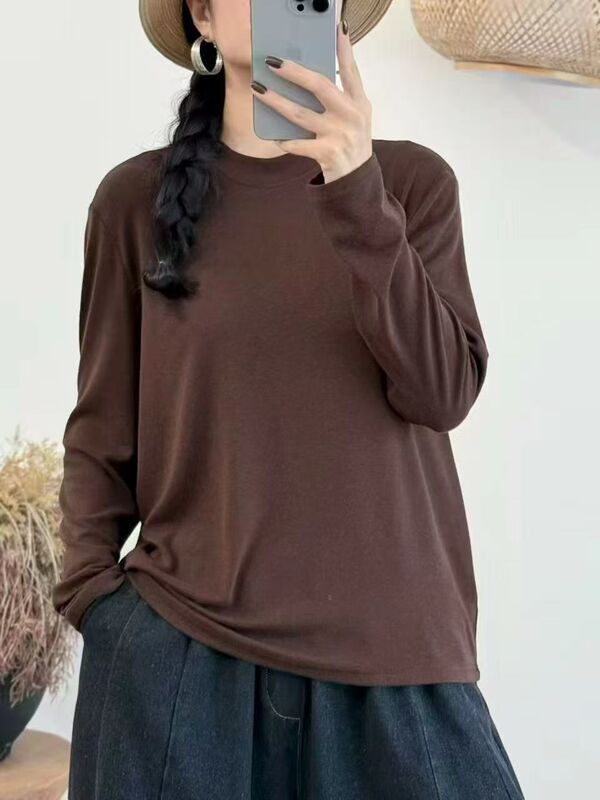 新品韩版显瘦百搭圆领宽松内搭 纯色打底衫长袖T恤女|undefined
