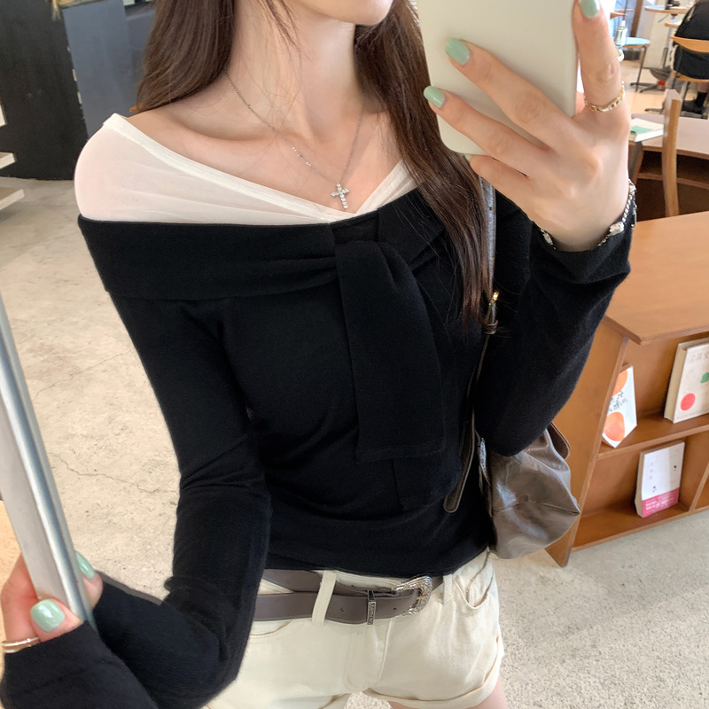 设计感网纱拼接一字领飘带长袖针织衫女2025早秋新款独特别致上衣|undefined