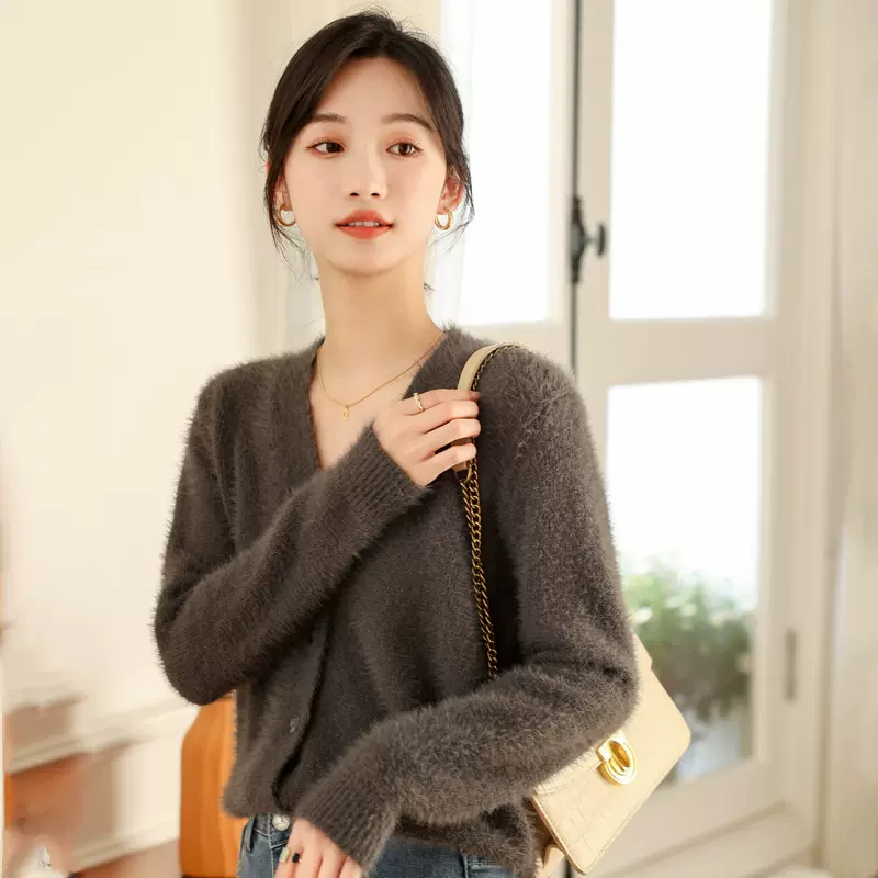 长毛貂绒仿水针织开衫春秋外套女加厚韩版V领短款毛衣女气质优雅