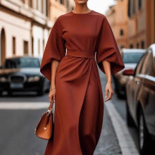 2025外贸女装欧美跨境时尚气质优雅纯色收腰连衣裙休闲蝙蝠袖长裙