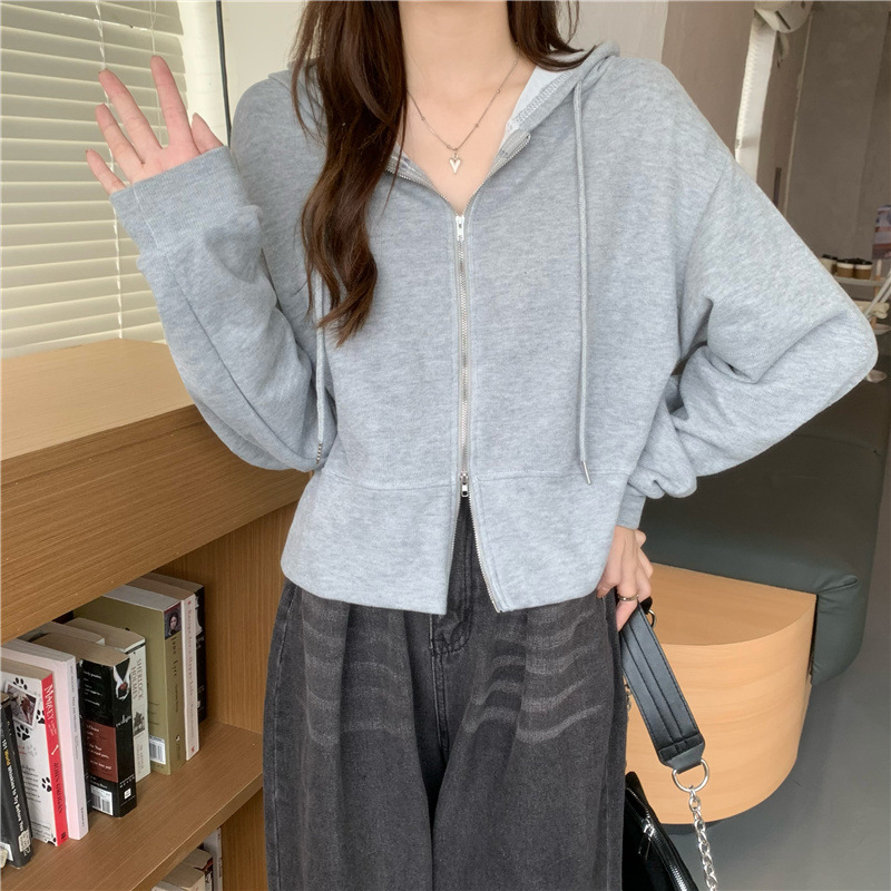 2024年新款早春季女装纯欲风连帽开衫外衣纯色短款运动风外套上衣
