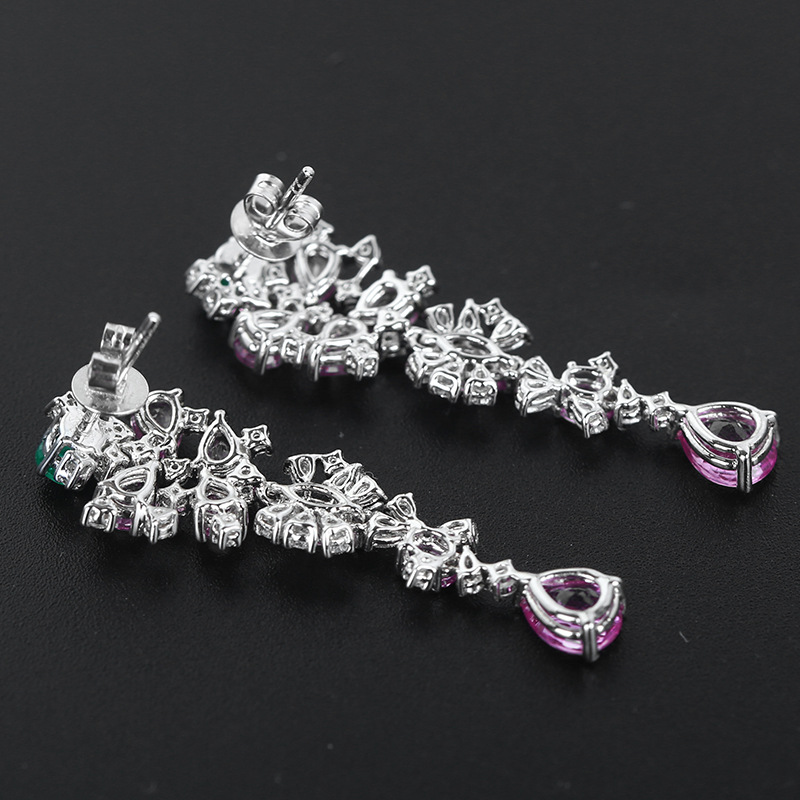 Heavy Industry Design Full Diamond Papalacha Color Stud Earrings Imitation Emerald Water Drop Earrings Lotus Corundum Long Earrings display picture 2
