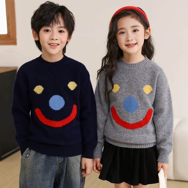 100% шерстяной детский полувысокий воротник из семи игл толстый шерстяной свитер для мальчиков и девочек повседневный милый смайлик пуловер свободный