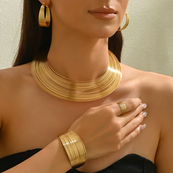 Cross-Border European and American Multi-Layer Metal Jewelry Set Geometric Line Design Collar Versatile Opening Adjustable Bracelet for Women