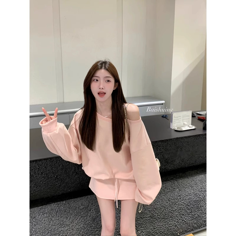 Корейский модный набор женский весенний и осенний новый диагональный воротник с длинными рукавами свитера с открытыми плечами розовая короткая юбка с высокой талией