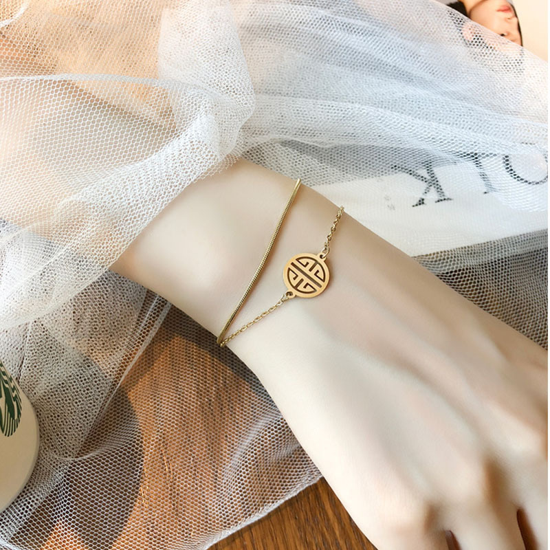 Simple and Fashionable Fuzi Double Layer Bracelet Titanium Steel 18k Golden Temperament Advanced Feeling Fufu Brand Pendant Internet Celebrity Ins Bracelet