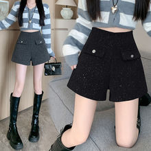 2025秋冬季毛呢闪闪亮片高腰显瘦a字短裤女呢子靴裤辣妹阔腿裤子