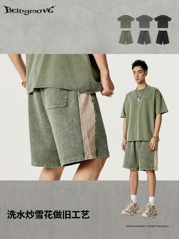 2025 verano comercio exterior europeo y americano retro anticuado camiseta de manga corta a juego de colores pantalones cortos de punto casuales traje de hombre