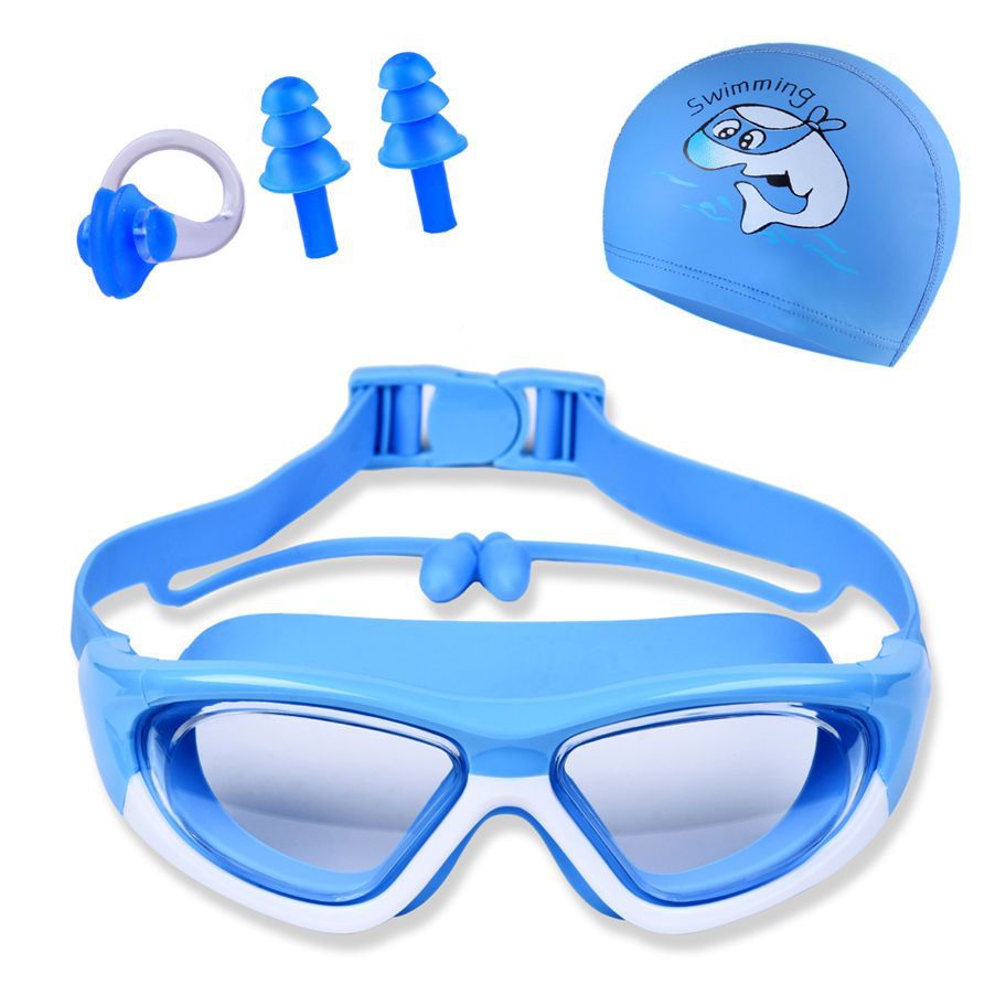 Children's Swimming Goggles Hd Waterproof Anti-Fog Swimming Goggles Large Frame Boys and Girls Swimming Cap Set Diving Equipment