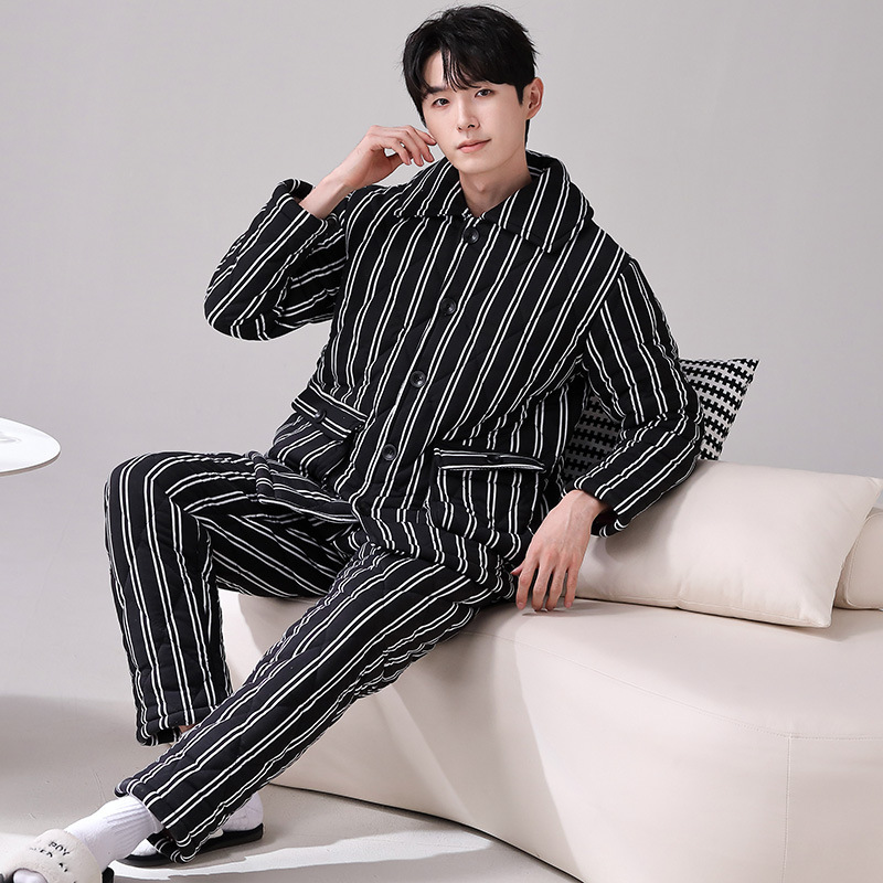 100% algodón pijamas calientes hombres Otoño e Invierno de tres capas acolchadas juventud rayas estilo coreano prendas de vestir exteriores engrosada homewear