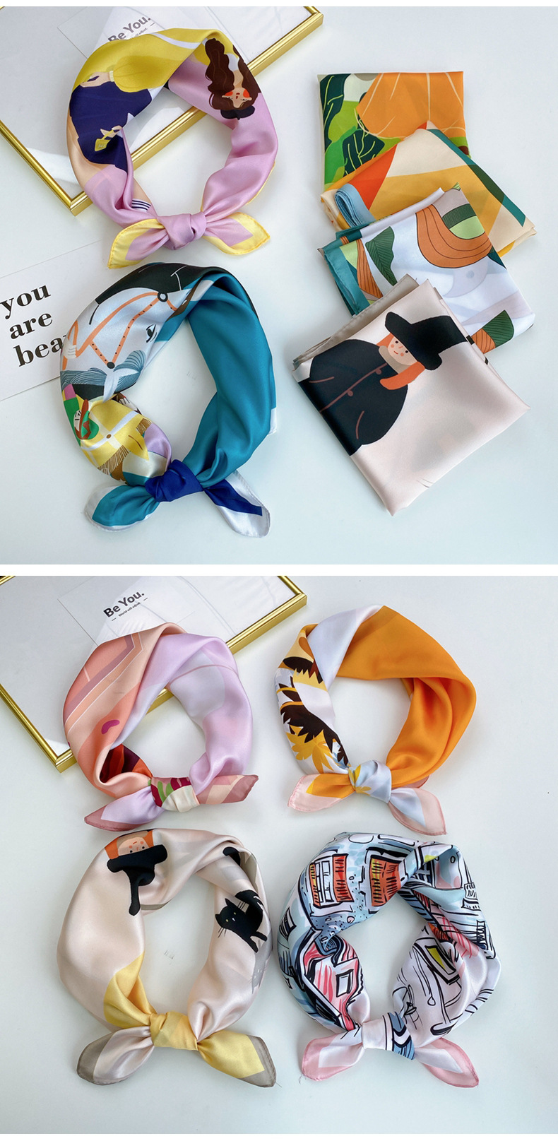 40g Weight Silk Scarf Classification Travel Occasion Unisex Gender Printing Design Sweet Style Coffee, Purple, Red, Green, Blue, Camel, Yellow Color Wholesale Fashion Contrast Color Printing Small Square Scarf 1